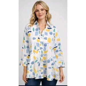 Cali Girl Size M Blouse Button Front Layers Slit Sleeves Cotton